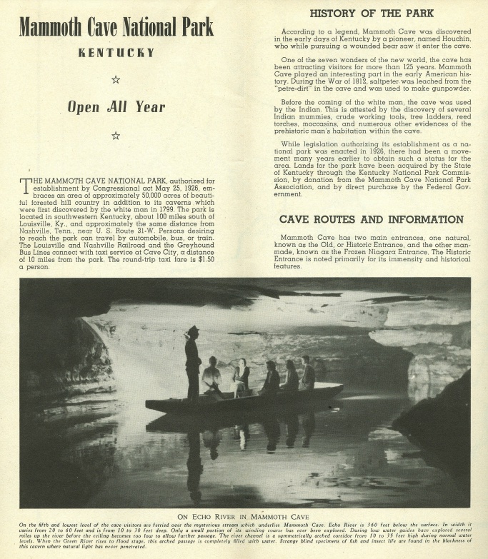 vintage brochure of mammoth cave national park in kentucky describing the history